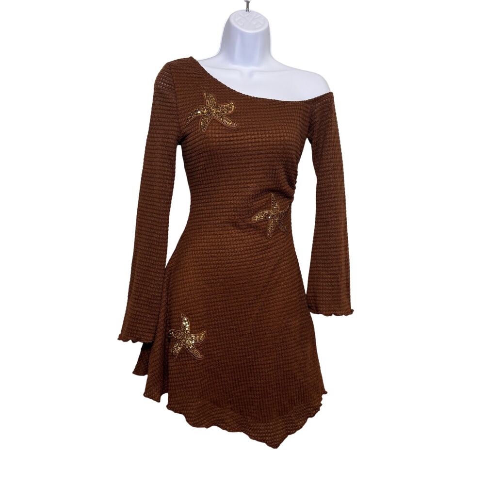 Mermaid’s Treasure Brown Starfish Appliqué Mini Dress